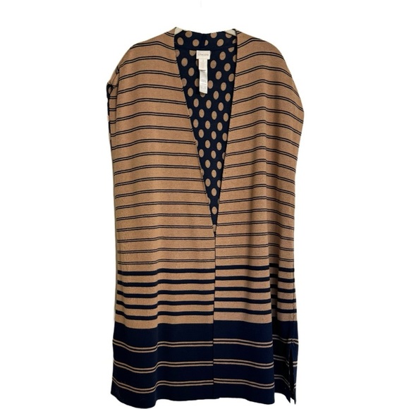 CHICOS Reversible Cardigan Size 3 XL 16 Polka Dot Striped Tan Navy - Picture 3 of 16